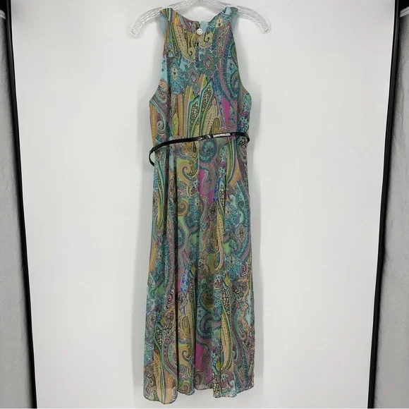 Tommy Hilfiger Blue Paisley Halter Long Dress Belted Size 10 Full Zip Back Lined - Picture 4 of 7